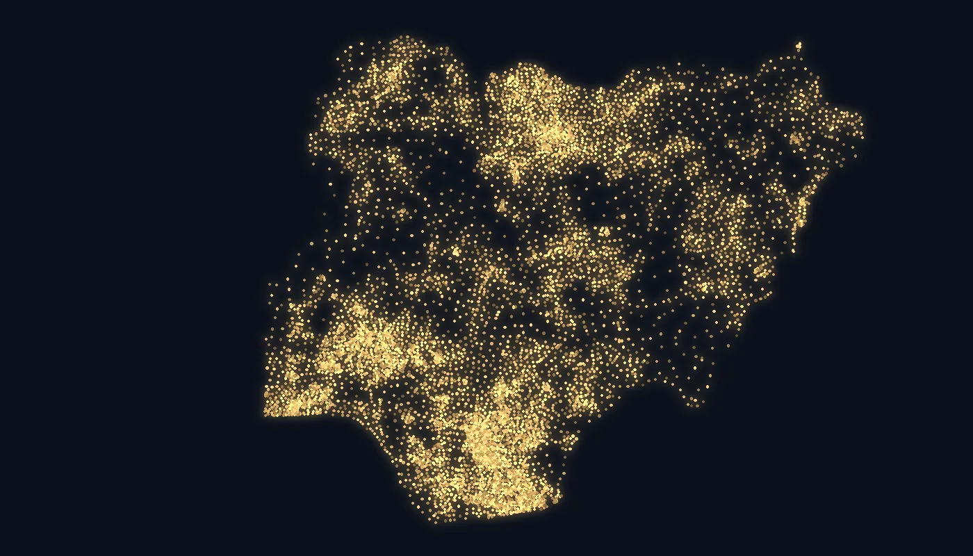 Nigeria drawn as thousands of small lights, one for each ward