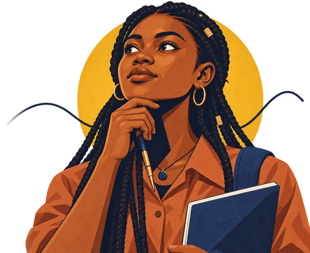 A young Nigerian woman with long braids, a pen held at her chin, looking up in thought
