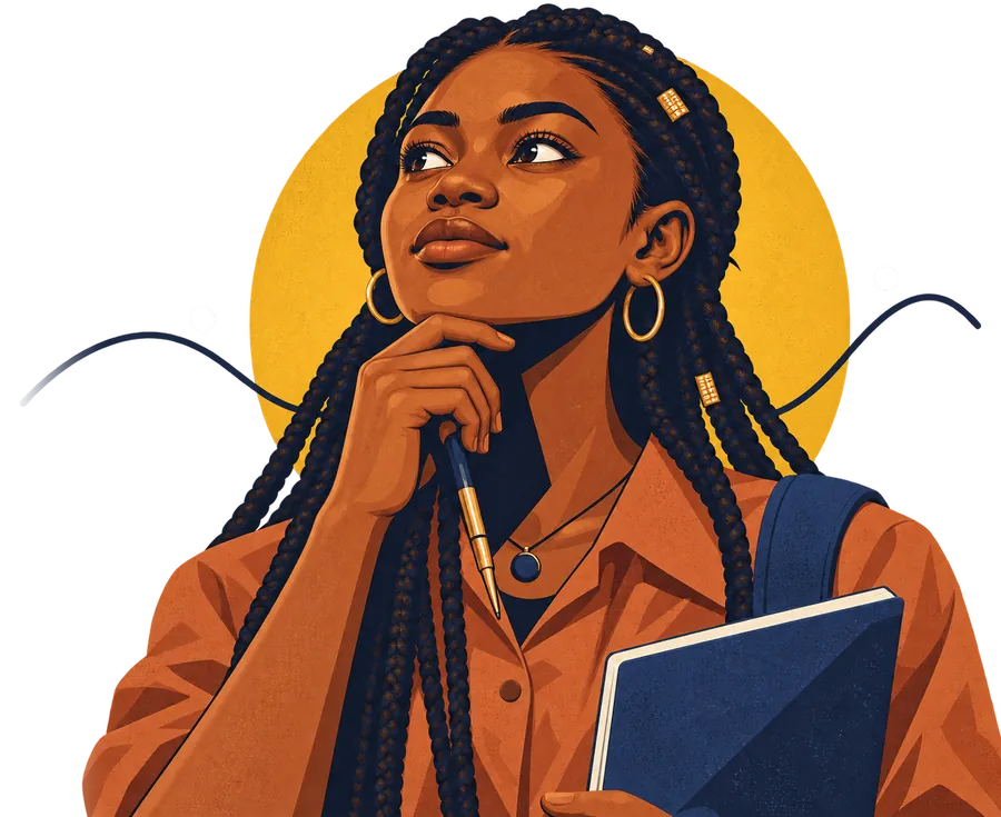 A young Nigerian woman with long braids, a pen held at her chin, looking up in thought, a notebook under her arm.